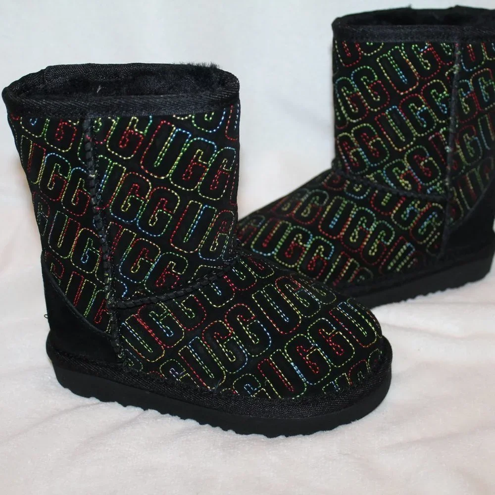 NIB‎ UGG TODDLER GIRL'S LOGO STITCH SUEDE SHEARLING BOOTS BLACK